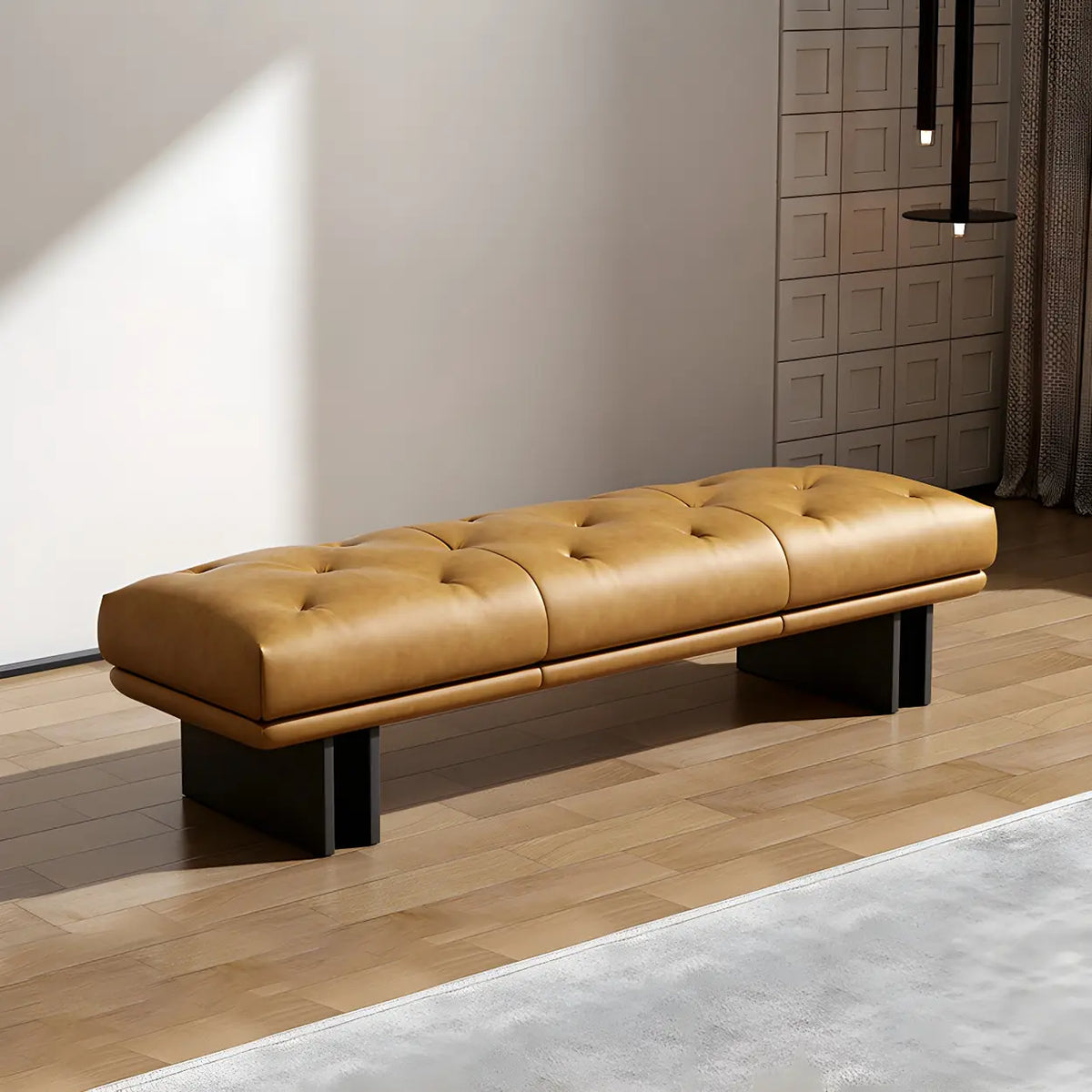 Upholstered Leather Bench with Modern Base Design