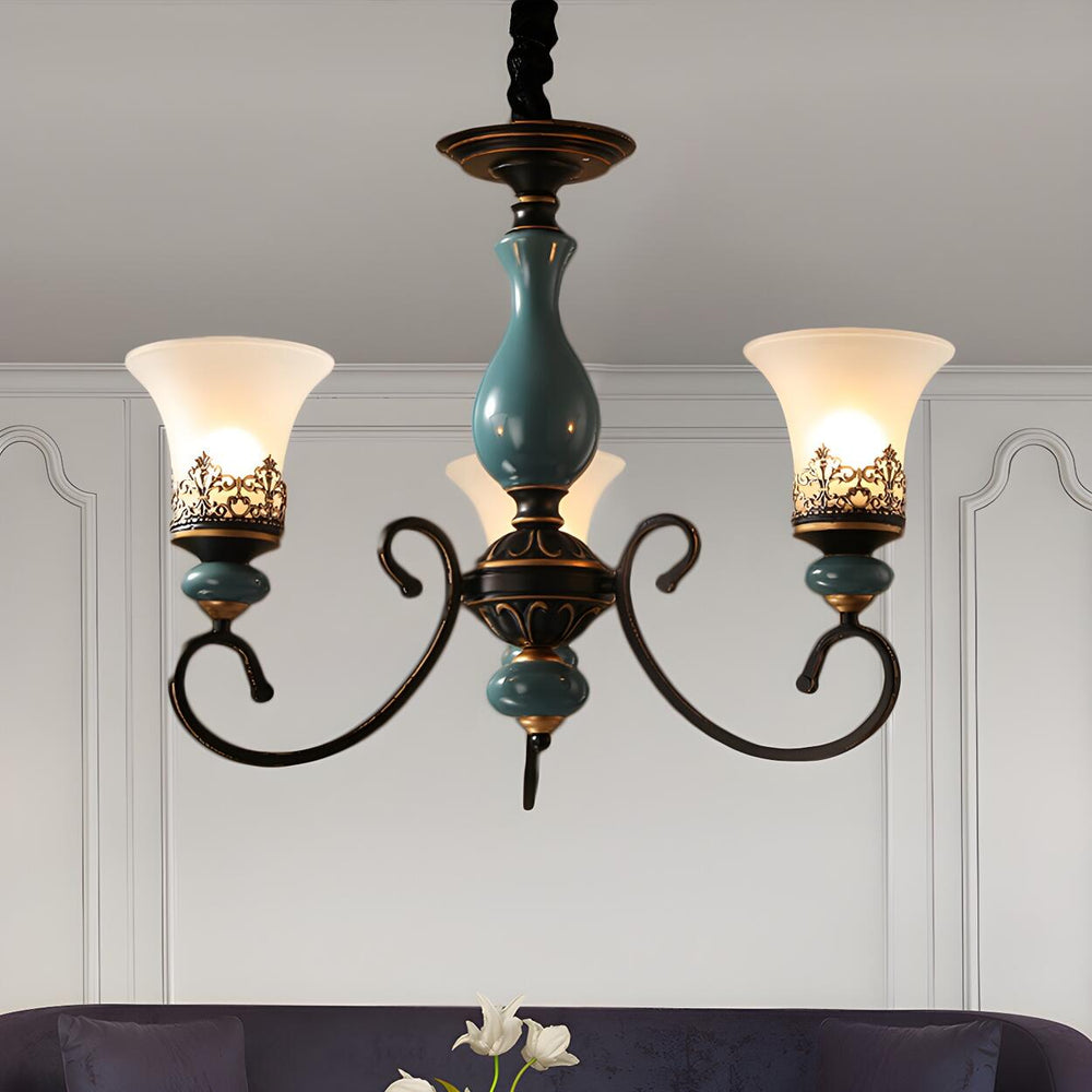 Vintage Bedroom Bronze and Blue Ceramic Bell Chandelier