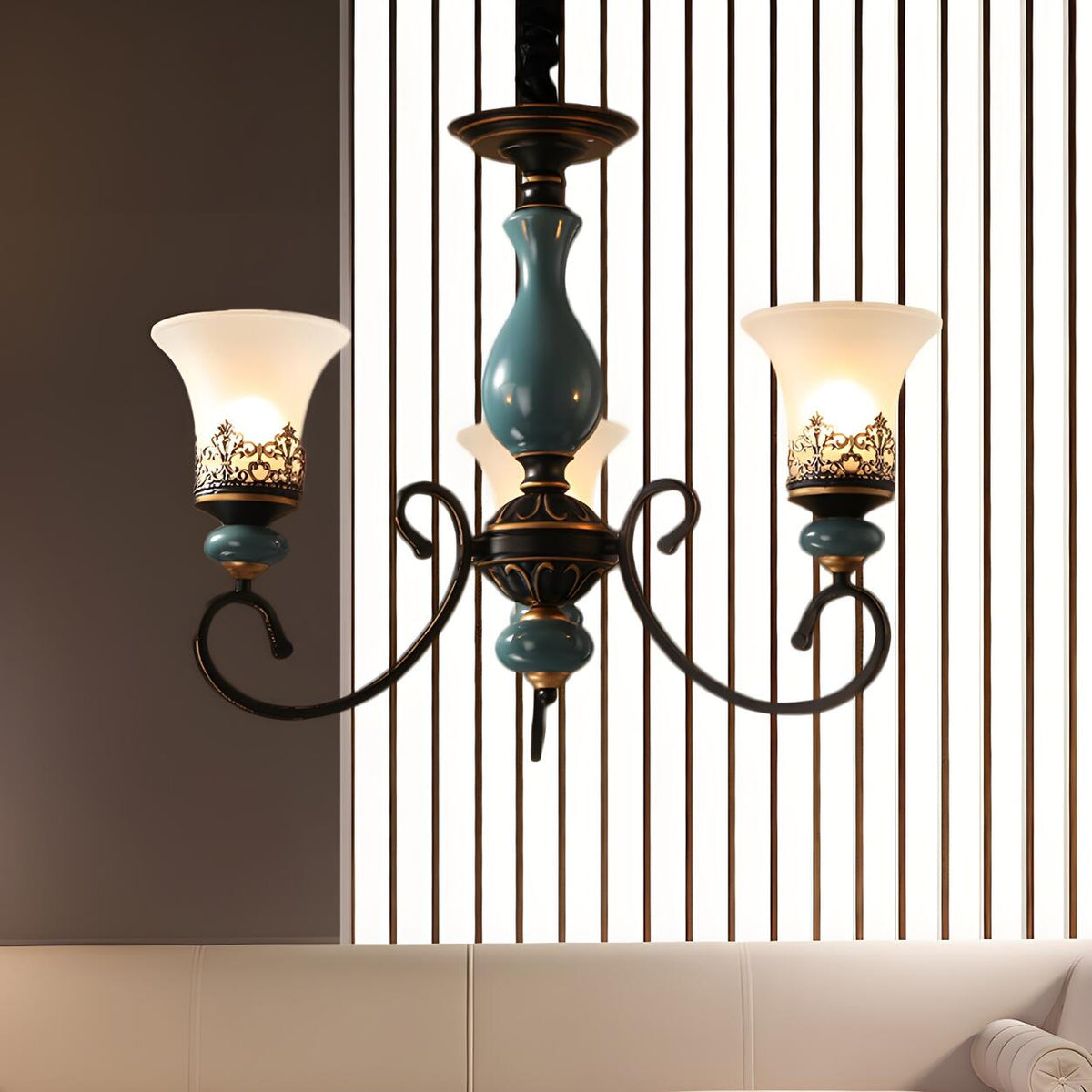 Vintage Bedroom Bronze and Blue Ceramic Bell Chandelier