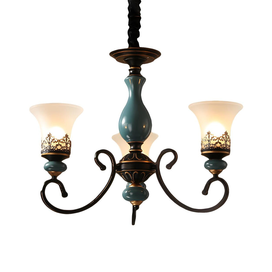 Vintage Bedroom Bronze and Blue Ceramic Bell Chandelier