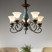 Vintage Bedroom Bronze and Blue Ceramic Bell Chandelier
