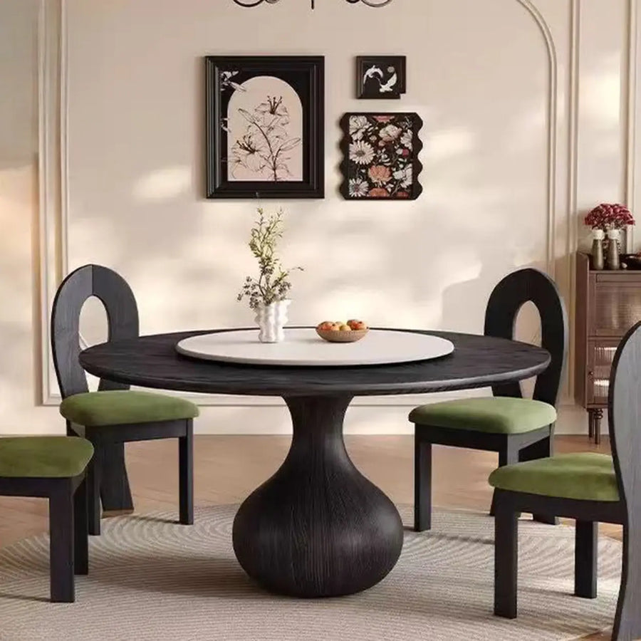 Vintage Black Lazy Susan Round Wood Pedestal Dining Table