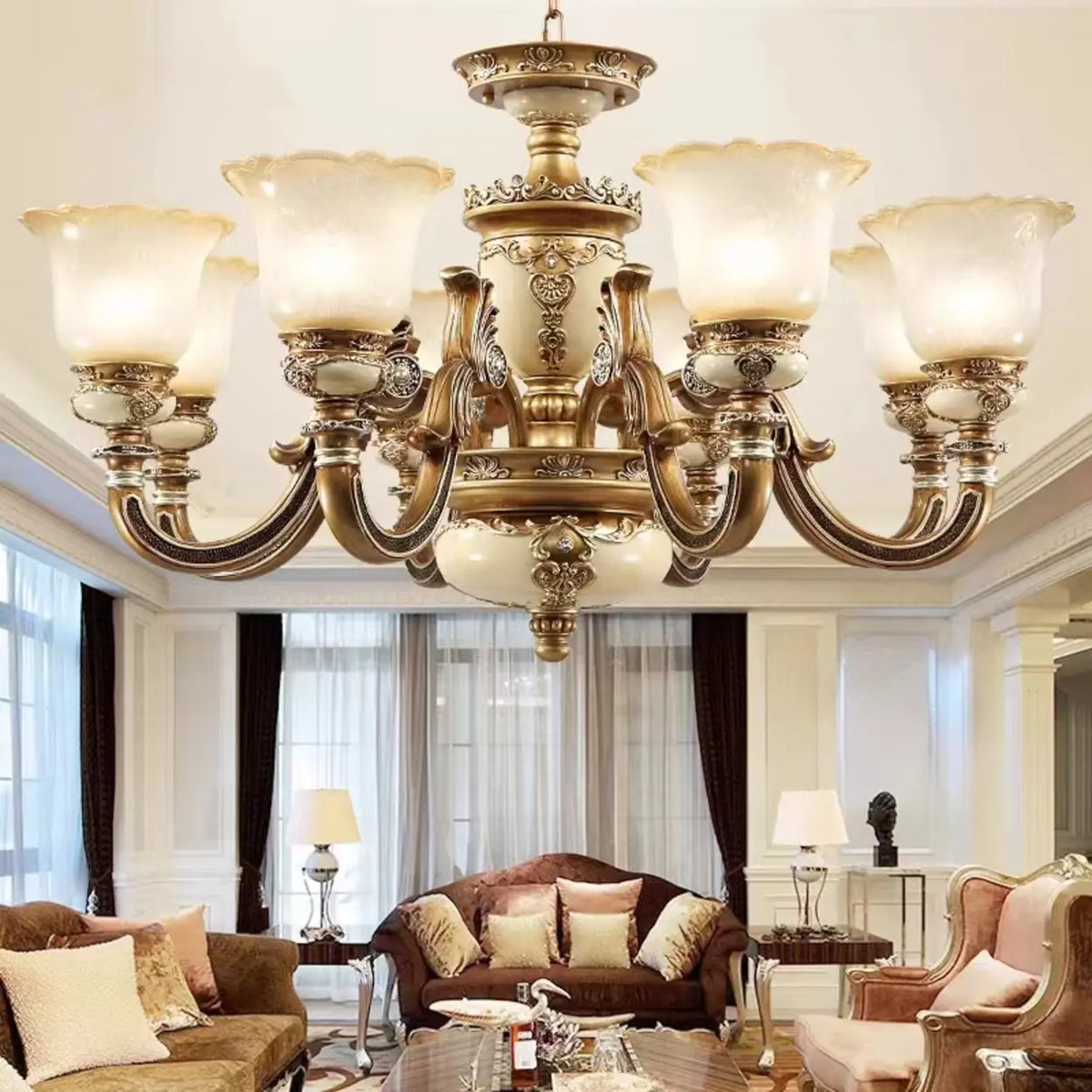 Vintage Brass Chandelier with Frosted Glass Shades