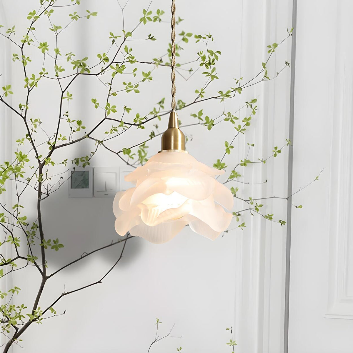 Vintage Brass Flower Frosted Glass Pendant Light