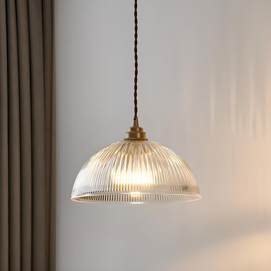 Vintage Brass Ribbed Glass Dome Pendant Light