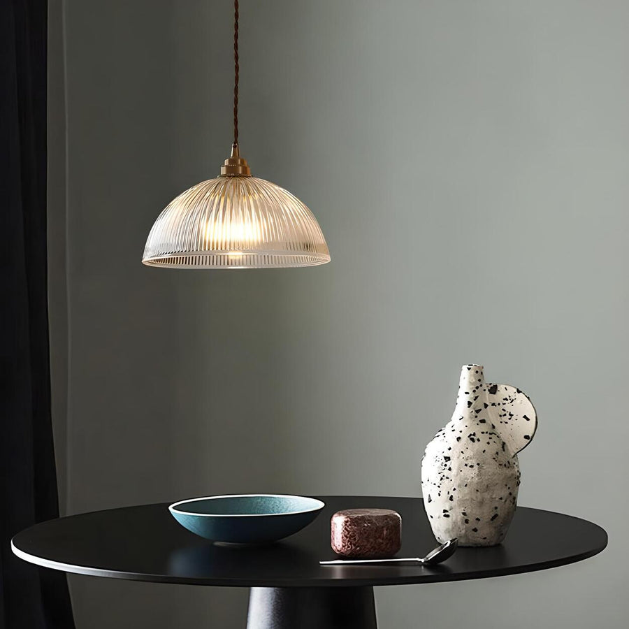 Vintage Brass Ribbed Glass Dome Pendant Light