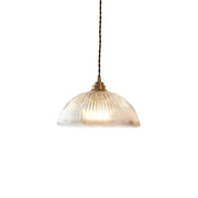 Vintage Brass Ribbed Glass Dome Pendant Light