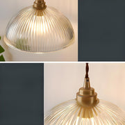 Vintage Brass Ribbed Glass Dome Pendant Light