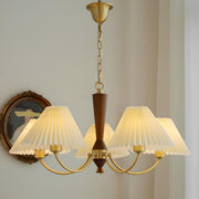 Vintage Brass White Pleated Chandelier Adjustable Height