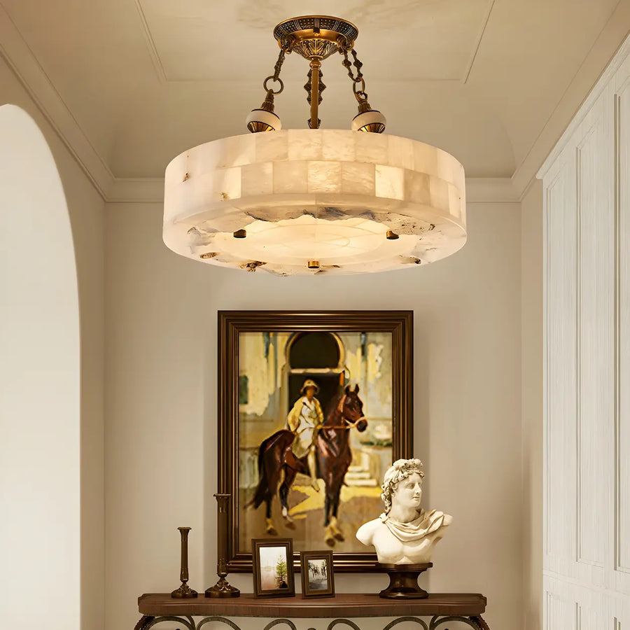 Vintage Circular Alabaster Gold Pendant Light Chandelier