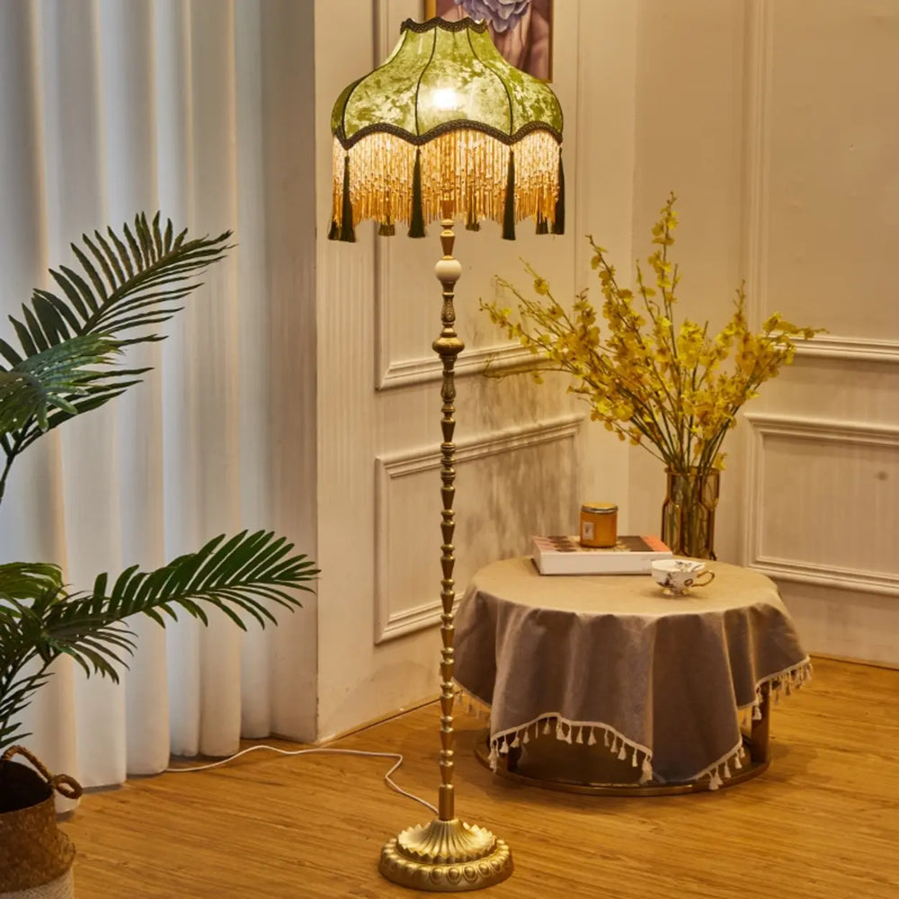 Vintage European Luxury Green Dome Gold Fringe Floor Lamp