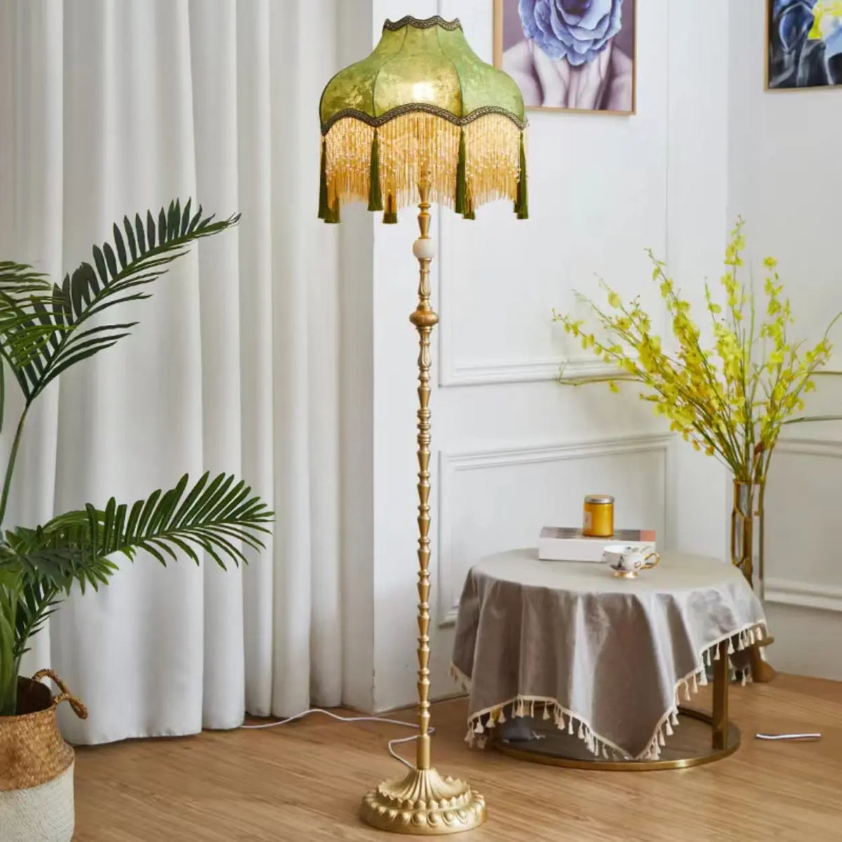 Vintage European Luxury Green Dome Gold Fringe Floor Lamp