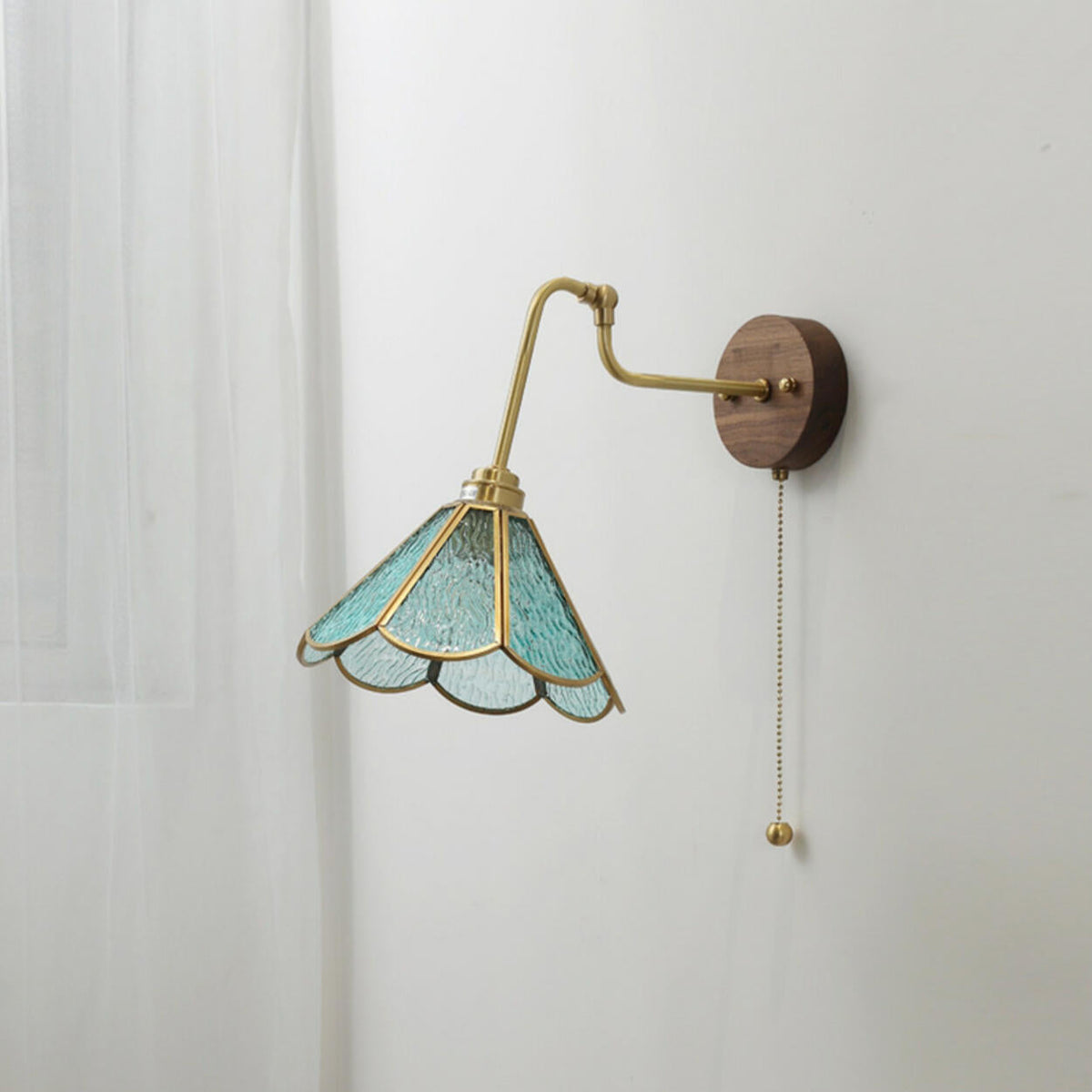 Vintage Floral Blue Glass Wall Sconce with Pull Chain