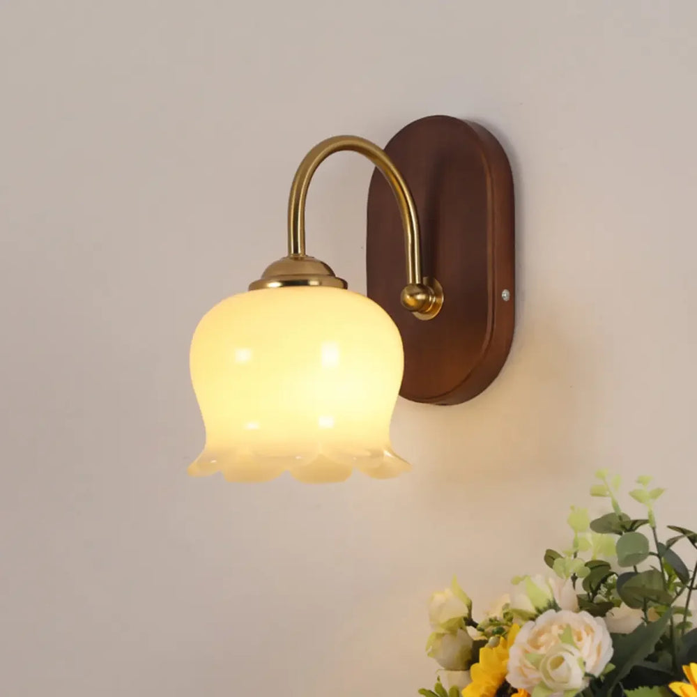 Vintage Flower Shaped Glass Walnut Wood Wall Sconce