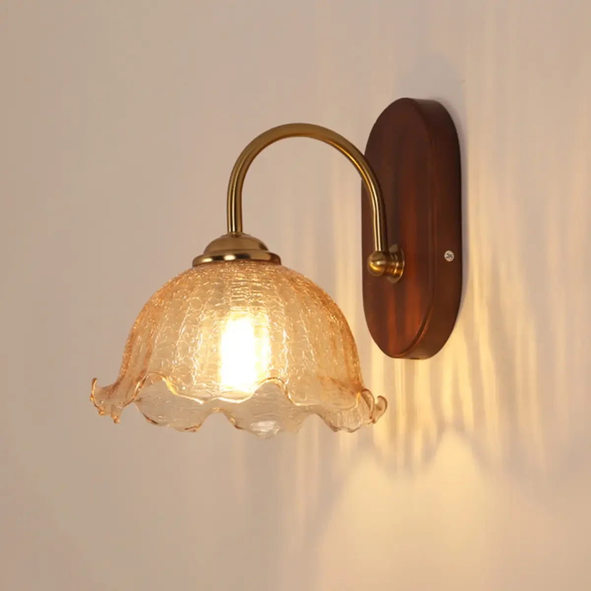 Vintage Flower Shaped Glass Walnut Wood Wall Sconce