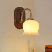 Vintage Flower Shaped Glass Walnut Wood Wall Sconce
