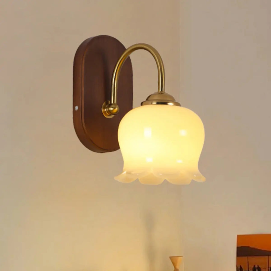 Vintage Flower Shaped Glass Walnut Wood Wall Sconce