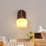 Vintage Flower Shaped Glass Walnut Wood Wall Sconce