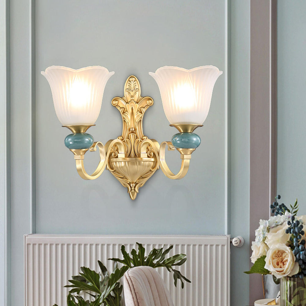 Vintage Frosted Flower Glass Gold Metal Wall Sconce