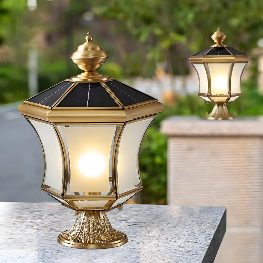 Vintage Brass Solar Lantern Whirlwind Glass Post Pillar Light