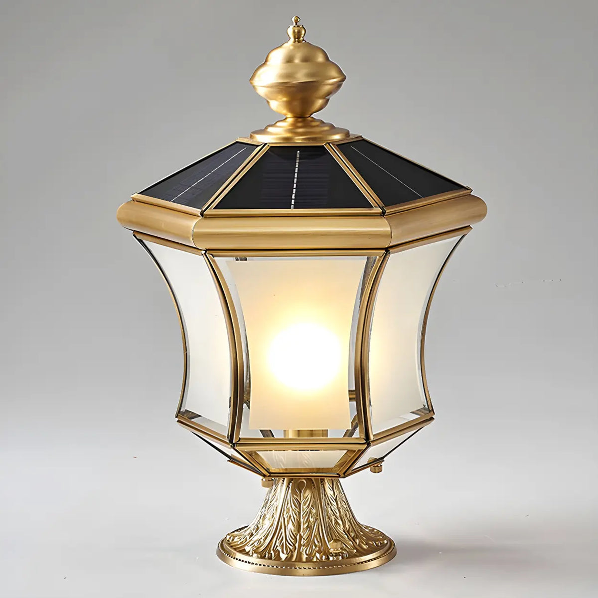 Vintage Brass Solar Lantern Whirlwind Glass Post Pillar Light