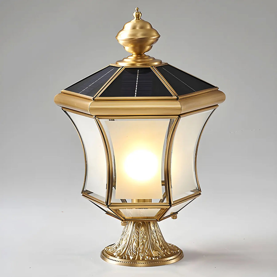 Vintage Brass Solar Lantern Whirlwind Glass Post Pillar Light