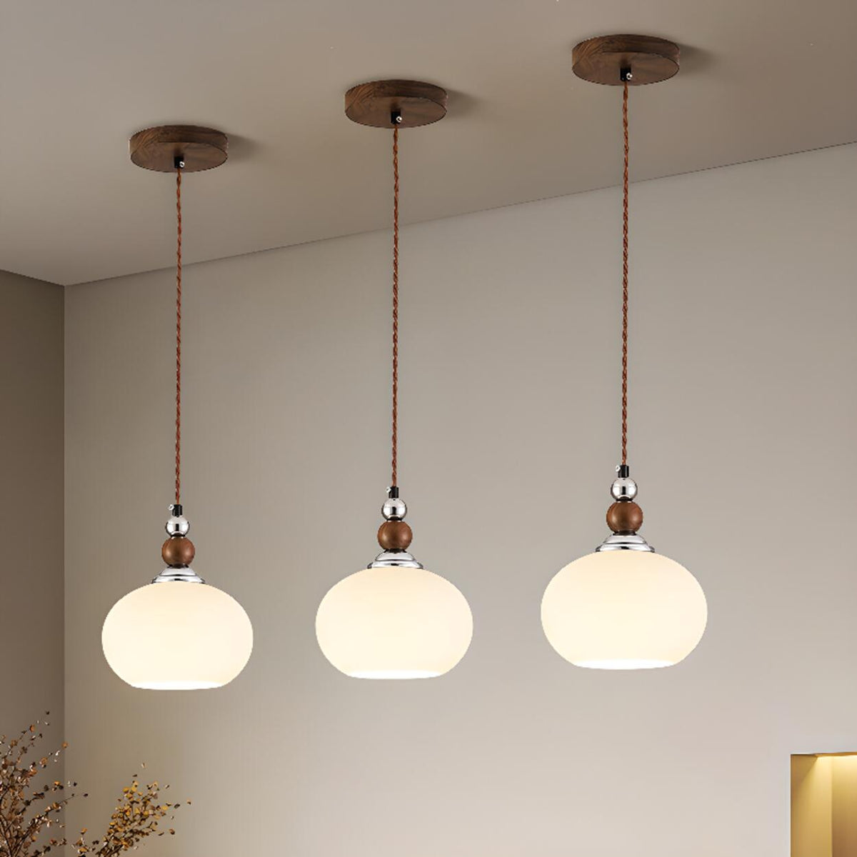 Vintage Milk Glass Globe Pendant Light Wood and Chrome