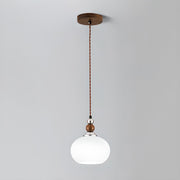 Vintage Milk Glass Globe Pendant Light Wood and Chrome