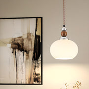 Vintage Milk Glass Globe Pendant Light Wood and Chrome