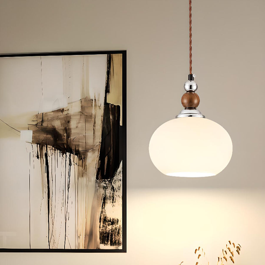 Vintage Milk Glass Globe Pendant Light Wood and Chrome