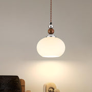 Vintage Milk Glass Globe Pendant Light Wood and Chrome