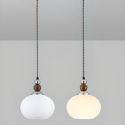Vintage Milk Glass Globe Pendant Light Wood and Chrome