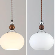 Vintage Milk Glass Globe Pendant Light Wood and Chrome