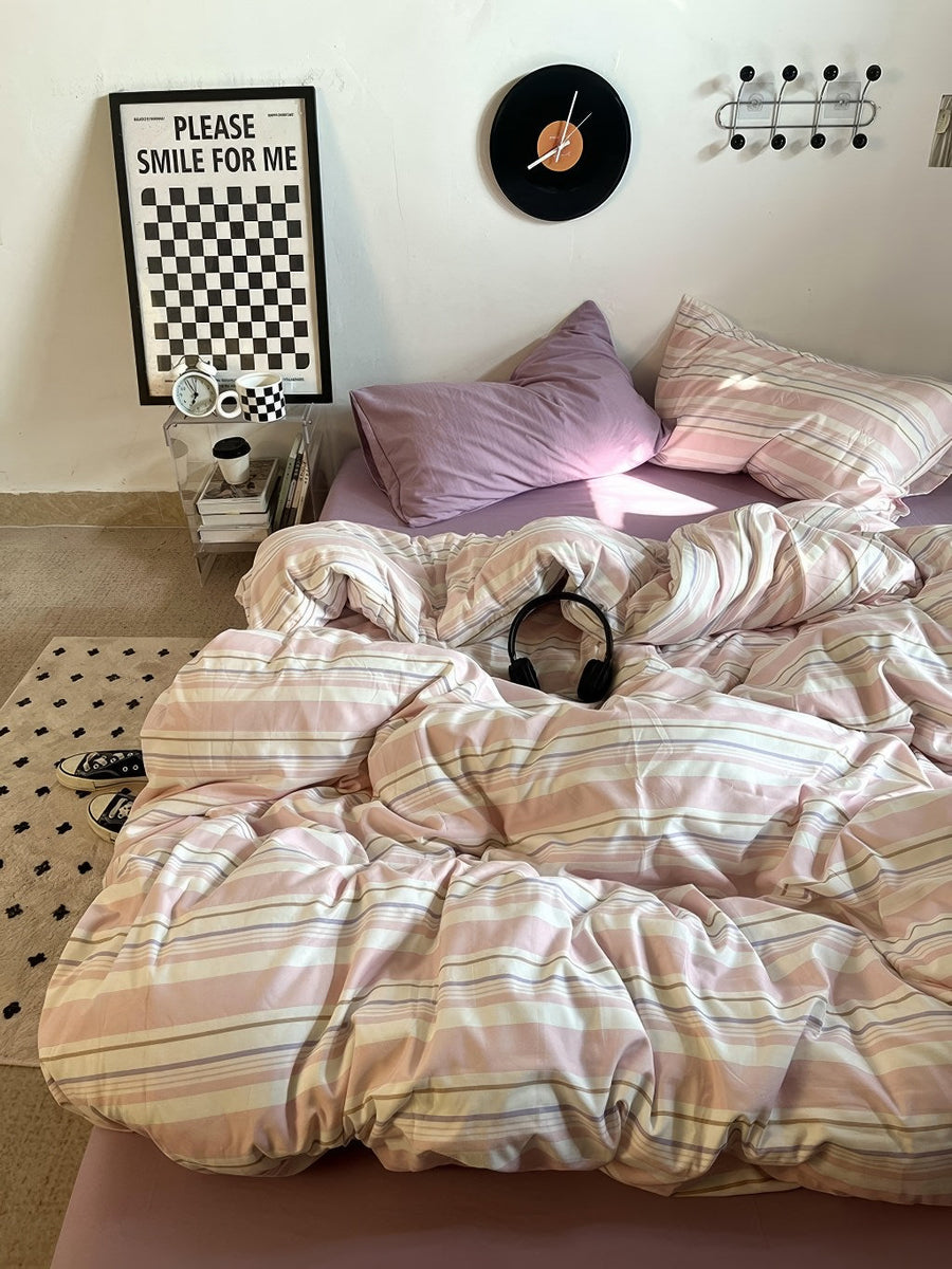 Vintage Pastel Pink Stripes Bedding Set