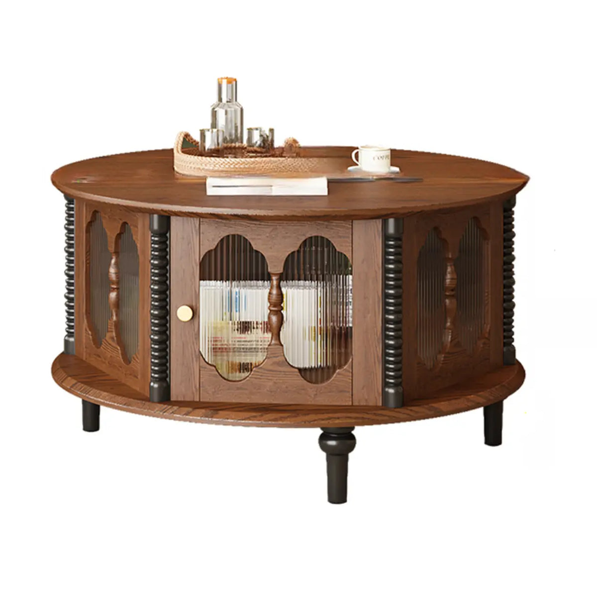 Vintage Round Wood Coffee Table Set with Storage Shelf