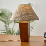 Vintage Rustic Plaid Cone Shade Walnut Wood Base Table Lamp