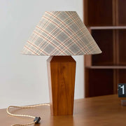Vintage Rustic Plaid Cone Shade Walnut Wood Base Table Lamp