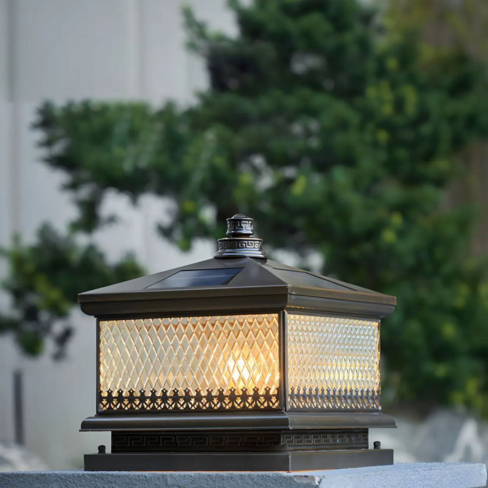 Vintage Square Bronze Metal Outdoor Solar Table Pillar Light