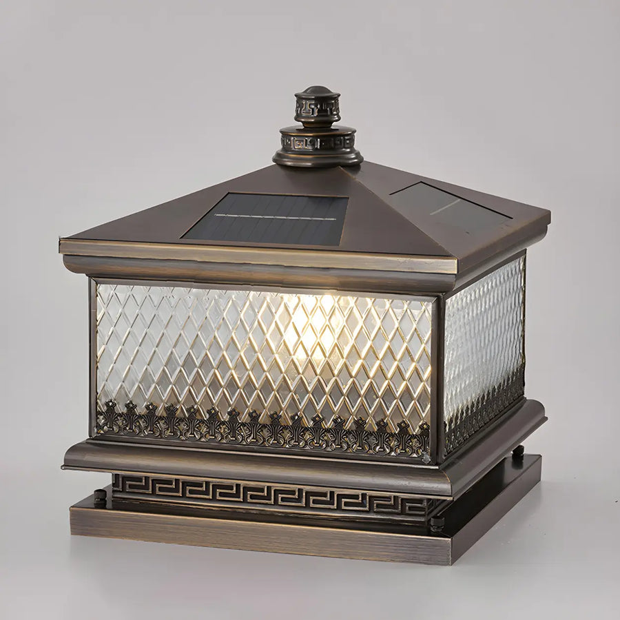Vintage Square Bronze Metal Outdoor Solar Table Pillar Light