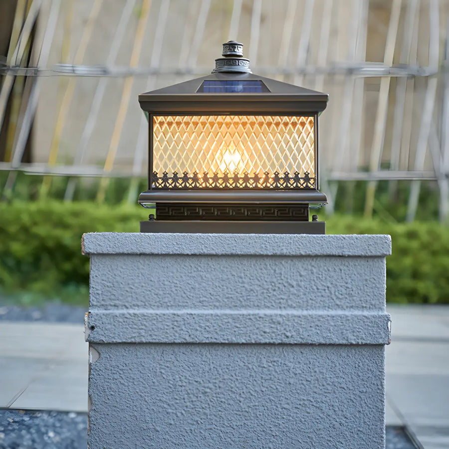 Vintage Square Bronze Metal Outdoor Solar Table Pillar Light