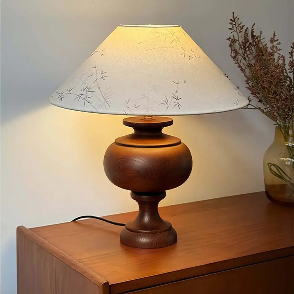 Vintage Wood Beige Cone Shade Inline Switch Table Lamp