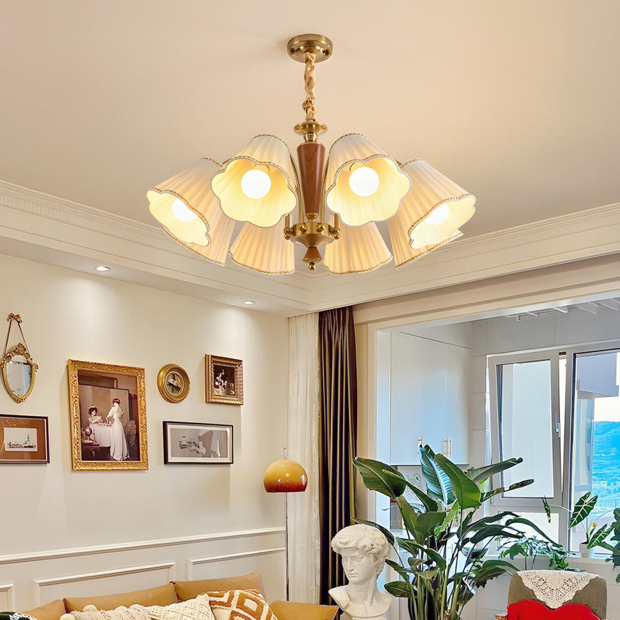 Vintage Wooden Gold Flower Flared Pleated Fabric Chandelier