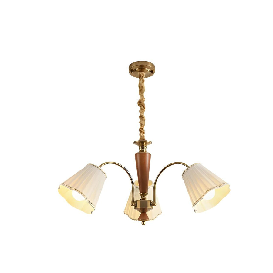Vintage Wooden Gold Flower Flared Pleated Fabric Chandelier