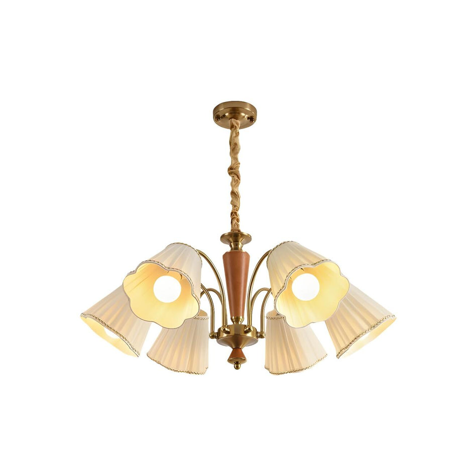 Vintage Wooden Gold Flower Flared Pleated Fabric Chandelier