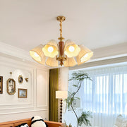 Vintage Wooden Gold Flower Flared Pleated Fabric Chandelier