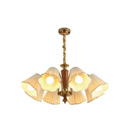 Vintage Wooden Gold Flower Flared Pleated Fabric Chandelier