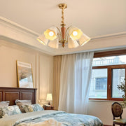 Vintage Wooden Gold Flower Flared Pleated Fabric Chandelier