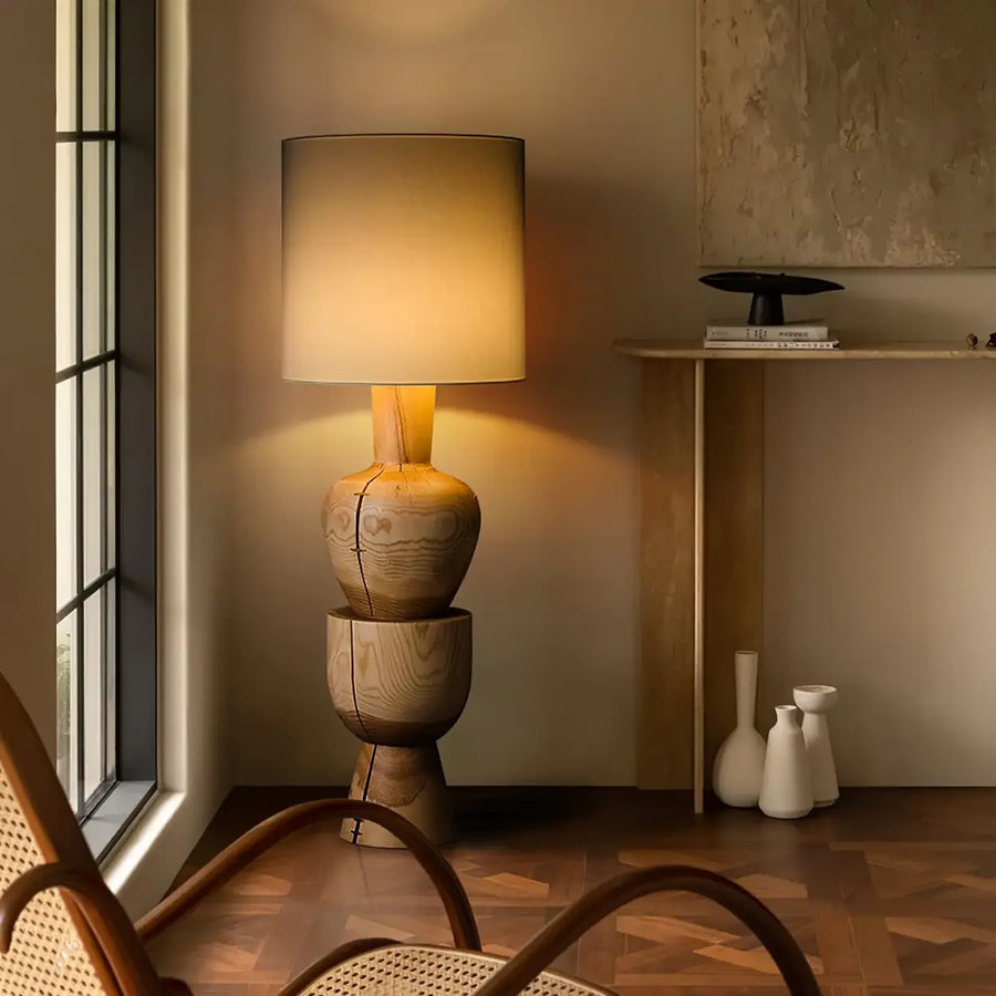 Wabi-sabi  Gray Drum Sculptural Stacked Wood Floor Lamp