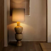 Wabi-sabi  Gray Drum Sculptural Stacked Wood Floor Lamp