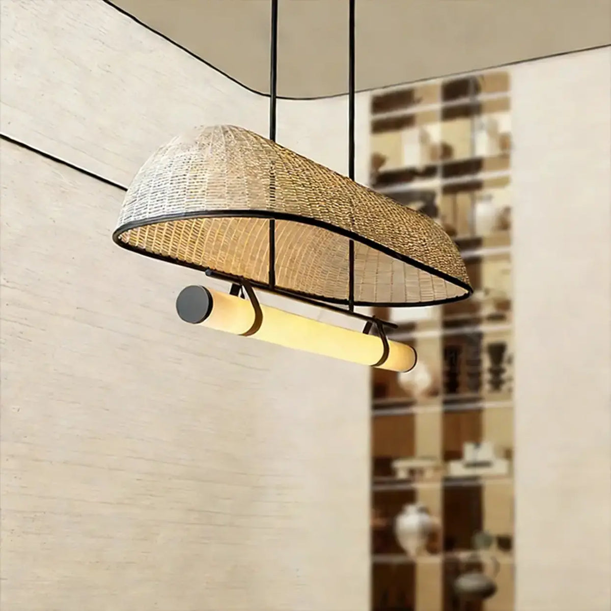 Wabi-Sabi Rustic Woven Rattan Linear Island Chandelier
